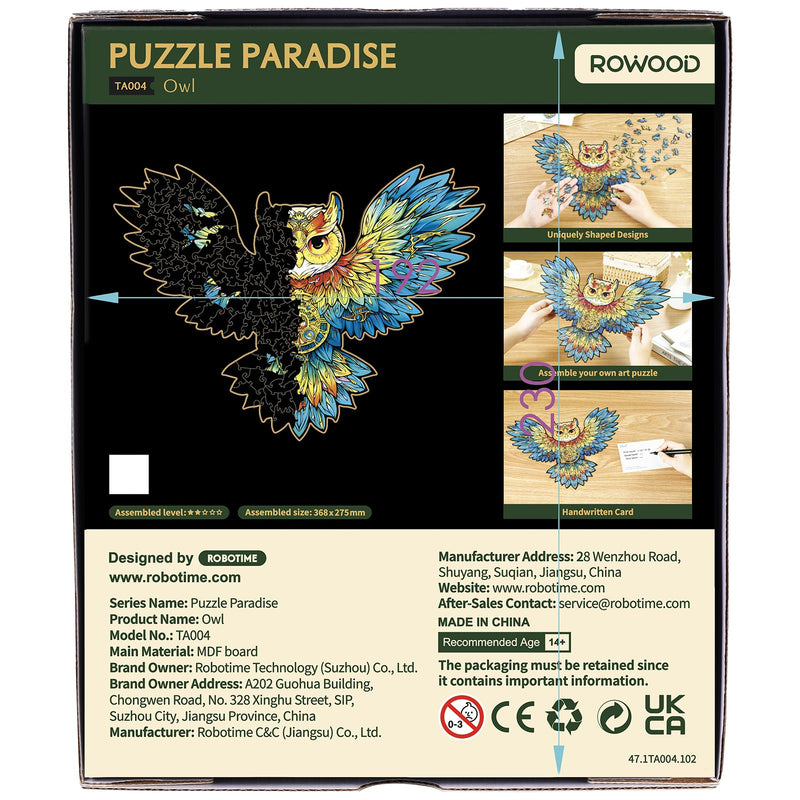 Backside packaging Robotime colorful wooden jigsaw puzzle owl