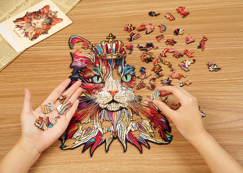 Puzzle process Robotime colorful wooden jigsaw puzzle crowned cat