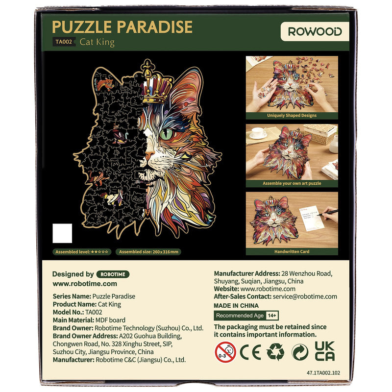 Backside packaging Robotime colorful wooden puzzle crowned cat