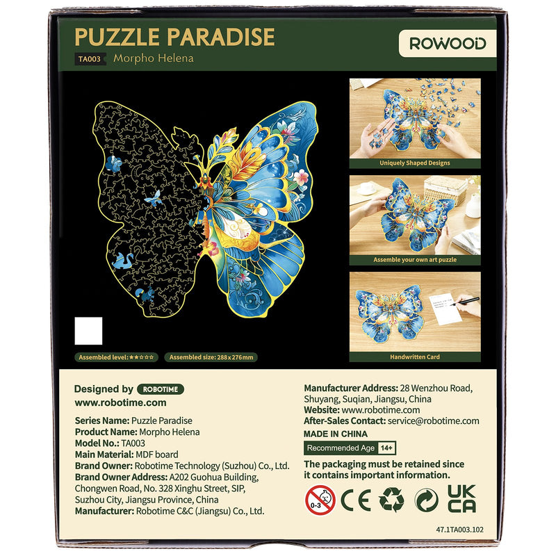 Backside packaging Robotime colorful wooden jigsaw puzzle blue butterfly