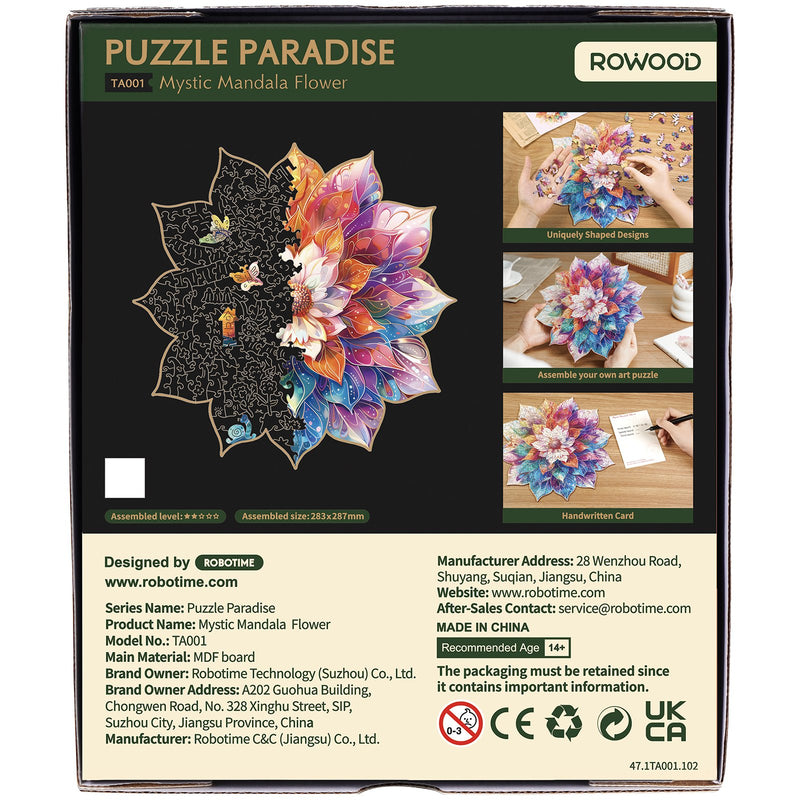 Backside packaging Robotime colorful wooden jigsaw puzzle mandala flower